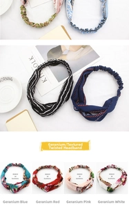 Close-up of floral and striped elastic twist headbands in blue, red, pink and white colors