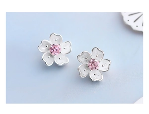 Macro view of cherry blossom earrings with pink gemstone and silver base petals