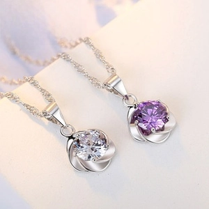 Detail of S925 silver necklaces with purple and white flower petal zircon pendants