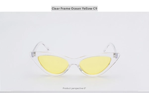 Front view of C9 triangle cat eye sunglasses with clear frames and yellow lenses