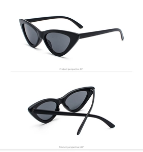Detailed multi-angle views of black triangle cat-eye sunglasses with resin frames