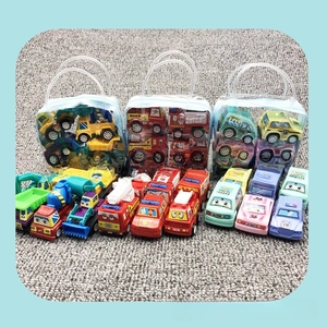 Close-up of mini cartoon friction car set with portable clear packaging bag for kids