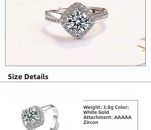Macro shot of silver ring with AAAAA cubic zirconia and adjustable open band detail