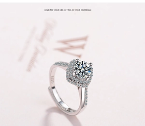 Macro shot of S925 sterling silver adjustable ring with square halo cubic zirconia