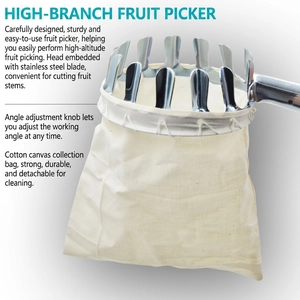 Metal fruit picker tool with stainless steel blade and durable canvas collection bag