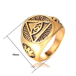 Detailed view of golden stainless steel ring showing 18mm diameter Eye of Providence