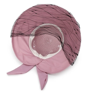 Pink straw sun hat with black polka dot lace veil and long chiffon ties for summer