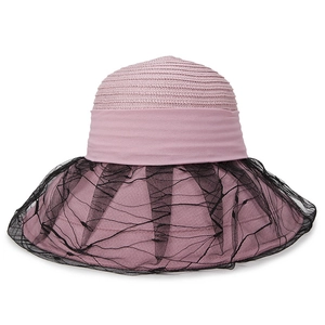 Pink woven sun hat for women with black lace mesh overlay and ribbon bow detail