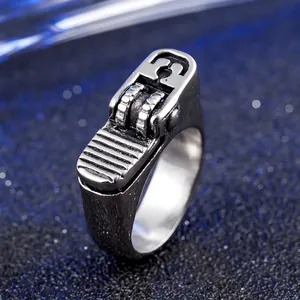 Men's retro titanium steel lighter head ring with punk style and vintage silver finish