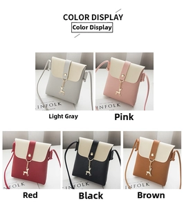 Close-up of stylish mini cell phone purses with cute golden deer charms in five vibrant colors