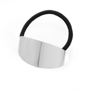 Modern metallic hair tie featuring a polished silver oval plate and black elastic band
