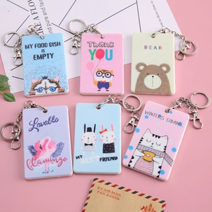 Cartoon Animal Card Holder Keychain Plastic PVC For Student Bus ID Card Protection Kawaii Cat Bear Flamingo Patterns