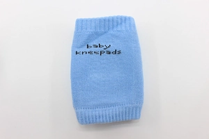 Close-up of light blue breathable cotton baby kneepads with baby kneepads text print