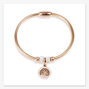 Detailed shot of rose gold Tree of Life bracelet with magnetic clasp and crystal charms