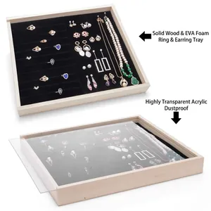 Solid wood jewelry display tray with dustproof acrylic lid and velvet ring slots