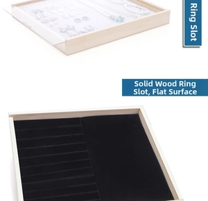 Solid wood jewelry display tray with black velvet ring slots and clear dustproof lid