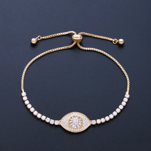 Adjustable evil eye charm bracelet in gold finish with micro-pave AAA zircon crystals
