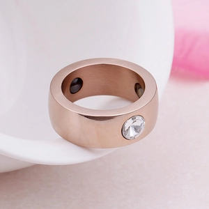 Rose gold stainless steel magnetic therapy ring with sparkling zircon and dual magnets