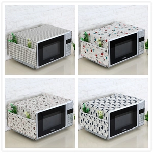 Microwave Dust Cover Protective Cloth Linen Fabric With Side Storage Pockets Lace Trim Cartoon Cat Plaid Prints Kitchen Appliance Protector
