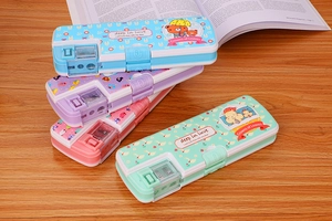 Detail of colorful double-sided kids pencil cases with integrated sharpener in 4 colors