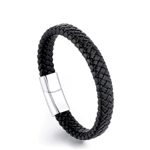 Braided black leather bracelet with a silver magnetic steel clasp on white background