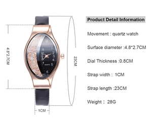 Detailed dimensions of oval quartz watch with rhinestones and black leather strap