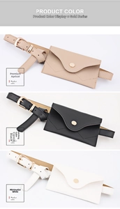 Close-up of litchi grain PU leather belt bags in apricot, black, and white colors