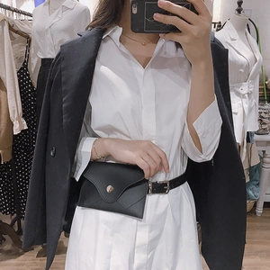 Classic black PU leather envelope waist bag styled with white shirt dress and black blazer