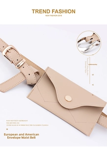 Close-up of beige PU leather envelope waist bag with polished gold alloy buckle and strap