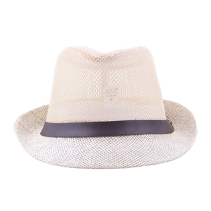 Men's summer breathable mesh fedora straw hat with brown leather band in beige