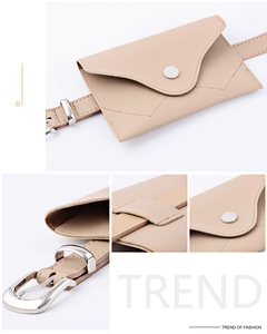Detail of beige envelope waist bag with silver metallic buckle and smooth PU leather texture