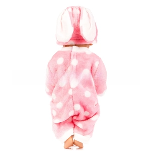 Detail of pink polka dot rabbit onesie in plush fleece for 18 inch dolls and reborn babies