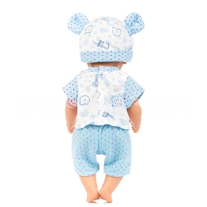 Rear view of 18-inch doll outfit with blue quilted cotton bear hat, top and shorts set