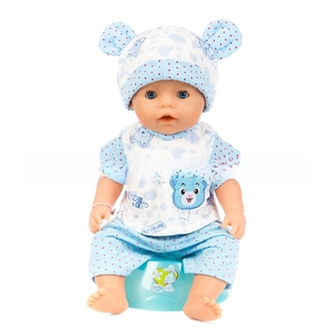 Detailed view of reborn baby doll in bear outfit sitting on a blue potty chair accessory