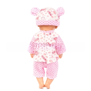 Rear view of 18 inch doll clothes set with pink polka dot hood and bear patterns