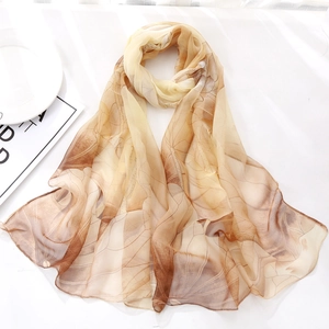 Detailed texture of lightweight lotus print chiffon scarf with elegant gradient hues
