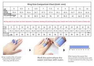 Size guide for pearl ring showing diameter and circumference in US and HK standards