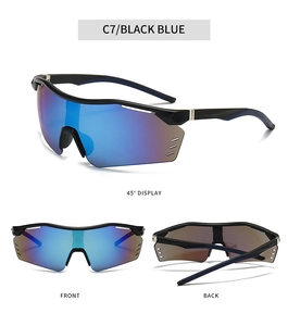 Viste dettagliate di occhiali da ciclismo neri con lenti specchiate blu e prese d'aria