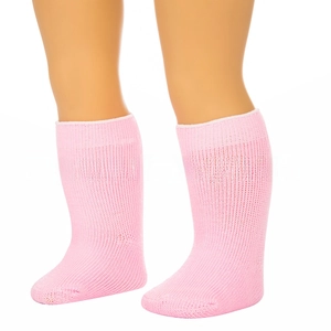 Detailed view of pink ribbed knit mid-calf socks for 18-inch American Girl dolls