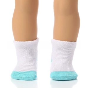 Detailed close-up of white knitted doll socks with blue toes on a 18-inch doll