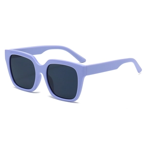 Fashionable oversized lavender square frame sunglasses with dark lenses at a 45-degree angle