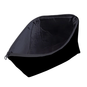Detail view of black sunflower makeup bag with zipper closure and spacious interior