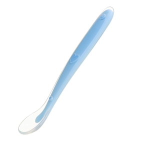 Baby silicone feeding spoon in light blue with long handle and heart motif