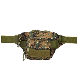 Close-up of tactical camo waist bag with durable nylon texture and MOLEE system webbing