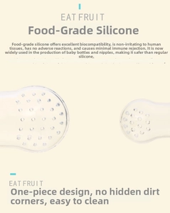 Detail of food-grade silicone baby feeder pouch featuring easy-to-clean seamless design