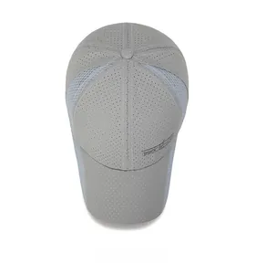 Top view of a grey quick-dry baseball cap featuring breathable laser-cut mesh and SPORTS logo