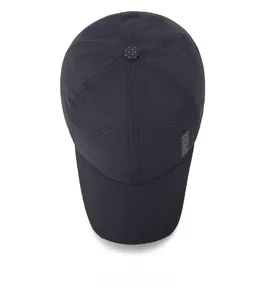 Top view of dark grey quick-dry baseball cap showing breathable perforated fabric detail