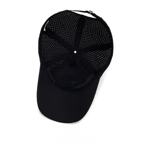 Close-up of black mesh baseball cap interior showing breathable fabric and metal buckle