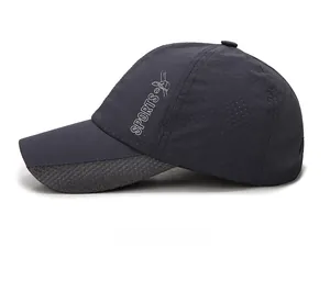 Detail of dark grey quick-dry sports cap showing side laser-cut vents and SPORTS print