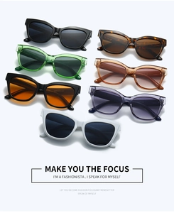 Bovenaanzicht van moderne cat-eye zonnebrillen in diverse trendy kleuren en monturen